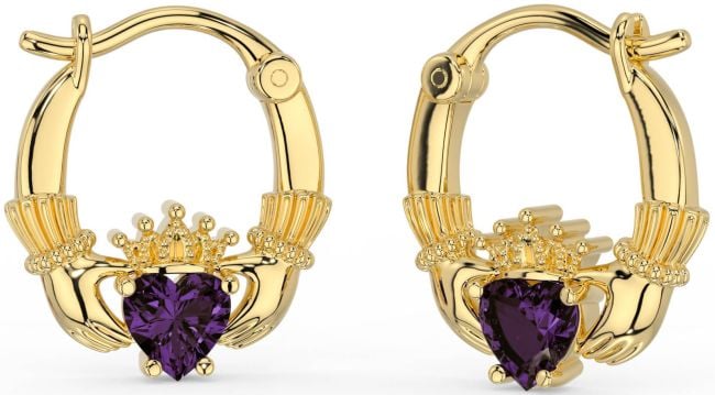 Alexandrite Gold Silver Claddagh Hoop Earrings