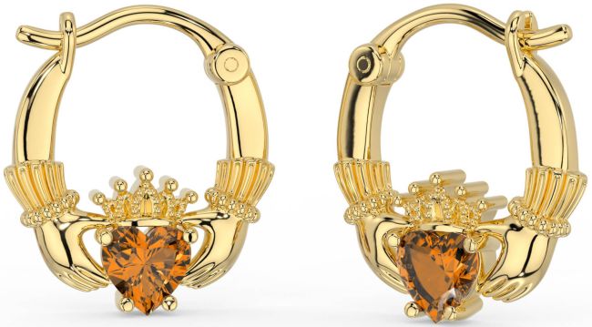 Citrine Gold Silver Claddagh Hoop Earrings