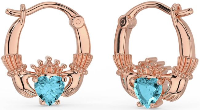 Aquamarine Rose Gold Claddagh Hoop Earrings