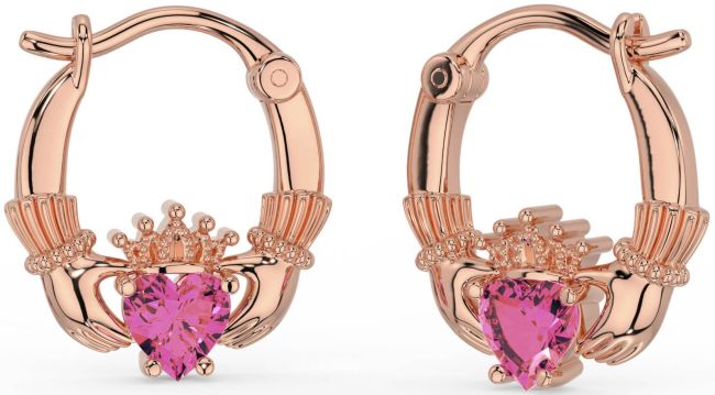 Pink Tourmaline Rose Gold Claddagh Hoop Earrings