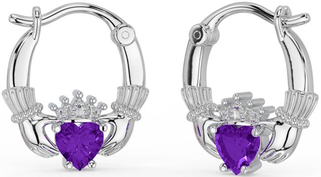 Amethyst Silver Claddagh Hoop Earrings