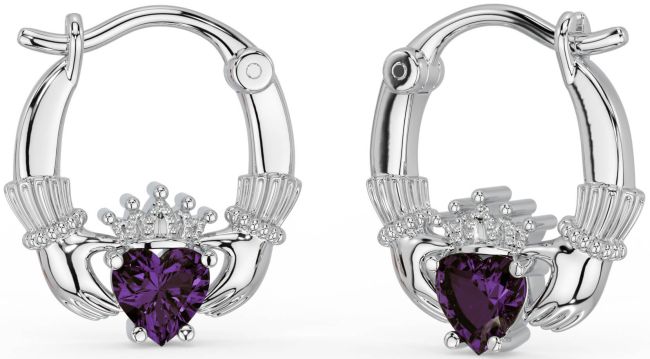 Alexandrite Silver Claddagh Hoop Earrings