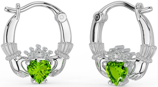 Peridot Silver Claddagh Hoop Earrings