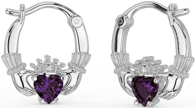 Alexandrite White Gold Claddagh Hoop Earrings