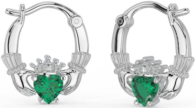 Emerald White Gold Claddagh Hoop Earrings
