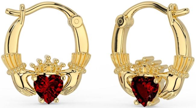 Garnet Gold Claddagh Hoop Earrings