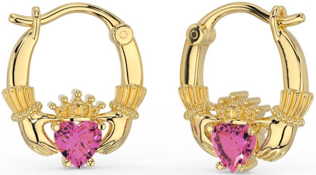 Pink Tourmaline Gold Claddagh Hoop Earrings