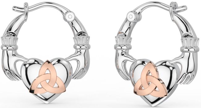 White Rose Gold Claddagh Celtic Trinity Knot Hoop Earrings