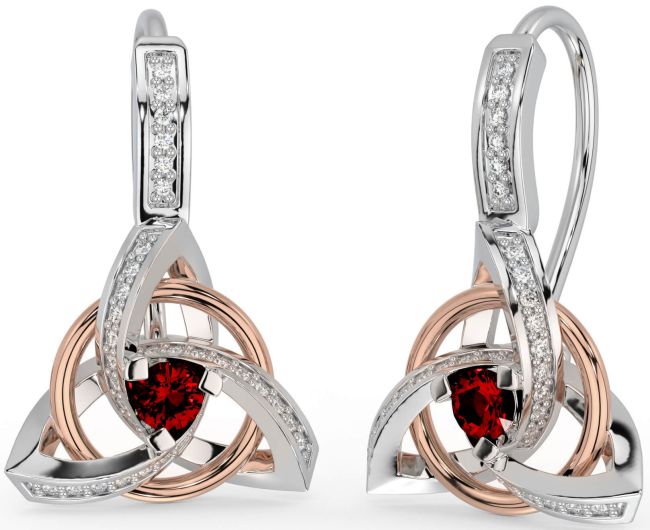 Diamond Garnet Rose Gold Silver Celtic Trinity Knot Dangle Earrings
