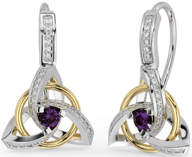 Diamond Alexandrite Gold Silver Celtic Trinity Knot Dangle Earrings