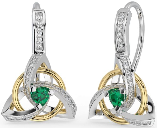 Diamond Emerald Gold Silver Celtic Trinity Knot Dangle Earrings