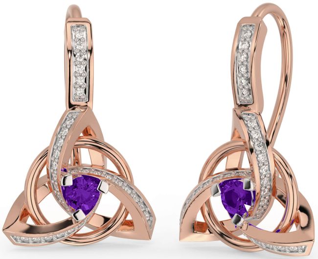 Diamond Amethyst Rose Gold Silver Celtic Trinity Knot Dangle Earrings