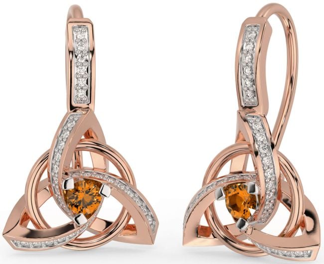 Diamond Citrine Rose Gold Silver Celtic Trinity Knot Dangle Earrings