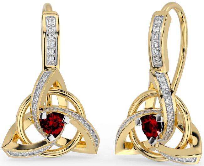 Diamond Garnet Gold Silver Celtic Trinity Knot Dangle Earrings