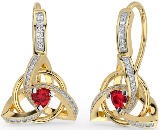 Diamond Ruby Gold Silver Celtic Trinity Knot Dangle Earrings