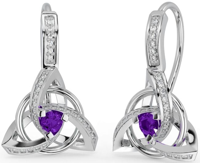 Diamond Amethyst Silver Celtic Trinity Knot Dangle Earrings