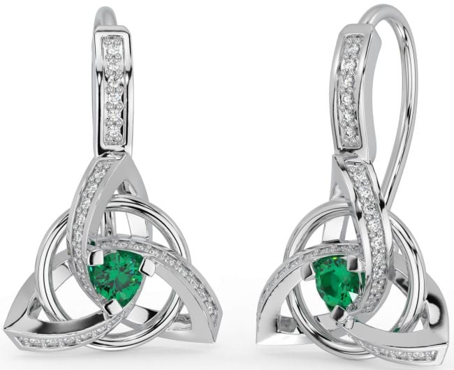 Diamond Emerald Silver Celtic Trinity Knot Dangle Earrings