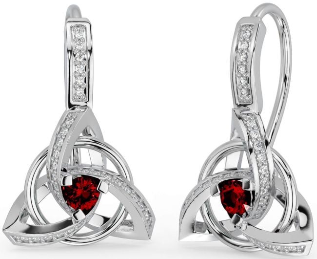 Diamond Garnet Silver Celtic Trinity Knot Dangle Earrings