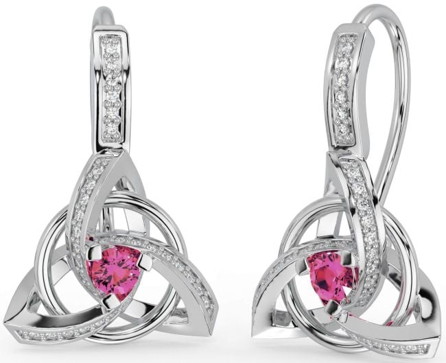 Diamond Pink Tourmaline Silver Celtic Trinity Knot Dangle Earrings