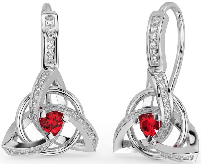 Diamond Ruby Silver Celtic Trinity Knot Dangle Earrings