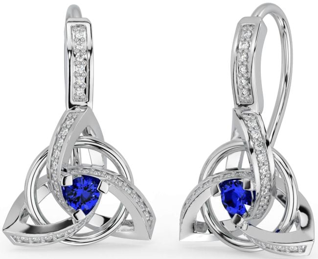 Diamond Sapphire Silver Celtic Trinity Knot Dangle Earrings