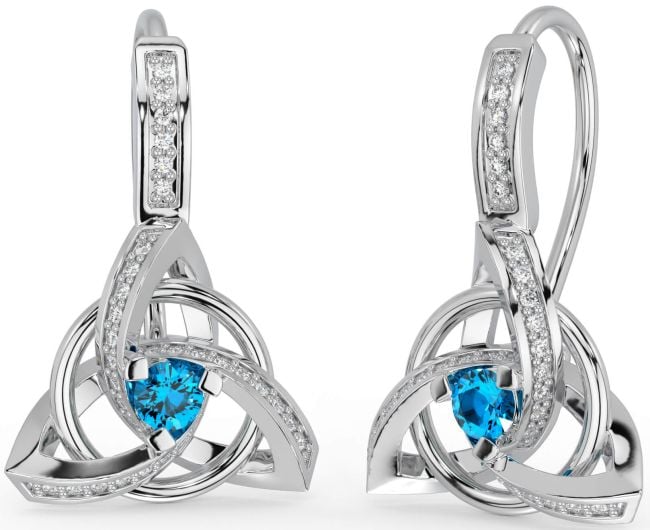 Diamond Topaz Silver Celtic Trinity Knot Dangle Earrings