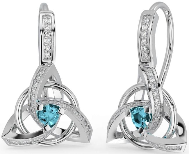 Diamond Aquamarine White Gold Celtic Trinity Knot Dangle Earrings