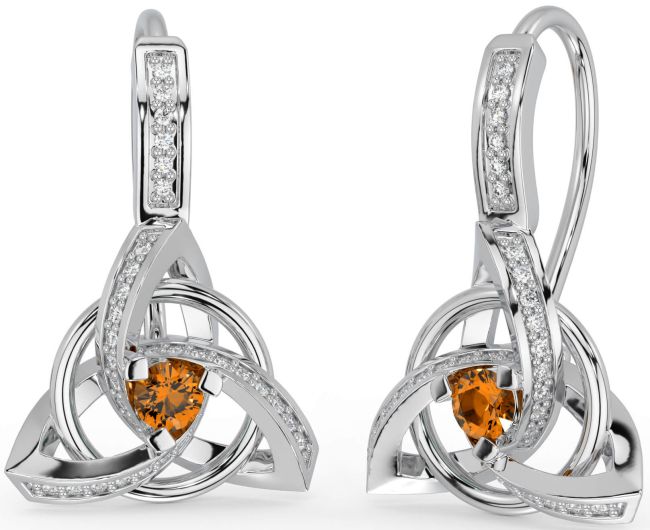 Diamond Citrine White Gold Celtic Trinity Knot Dangle Earrings