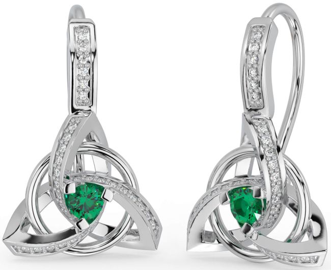 Diamond Emerald White Gold Celtic Trinity Knot Dangle Earrings