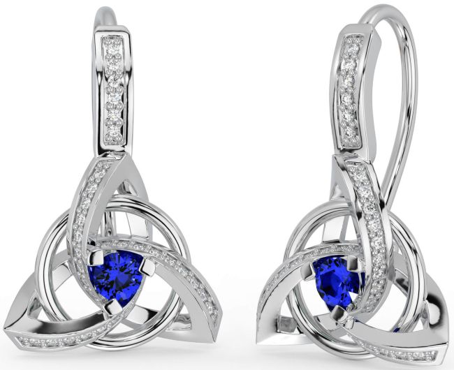 Diamond Sapphire White Gold Celtic Trinity Knot Dangle Earrings