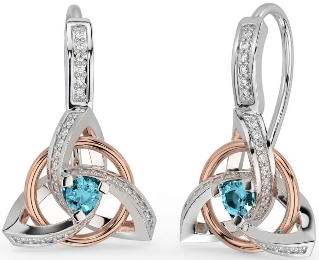 Diamond Aquamarine White Rose Gold Celtic Trinity Knot Dangle Earrings