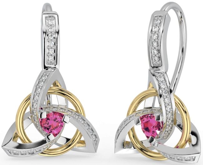 Diamond Pink Tourmaline White Yellow Gold Celtic Trinity Knot Dangle Earrings