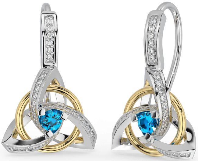 Diamond Topaz White Yellow Gold Celtic Trinity Knot Dangle Earrings