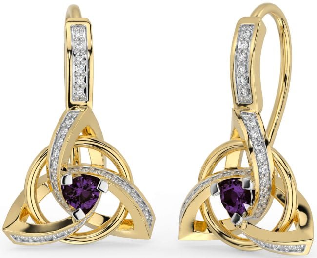 Diamond Alexandrite Gold Celtic Trinity Knot Dangle Earrings