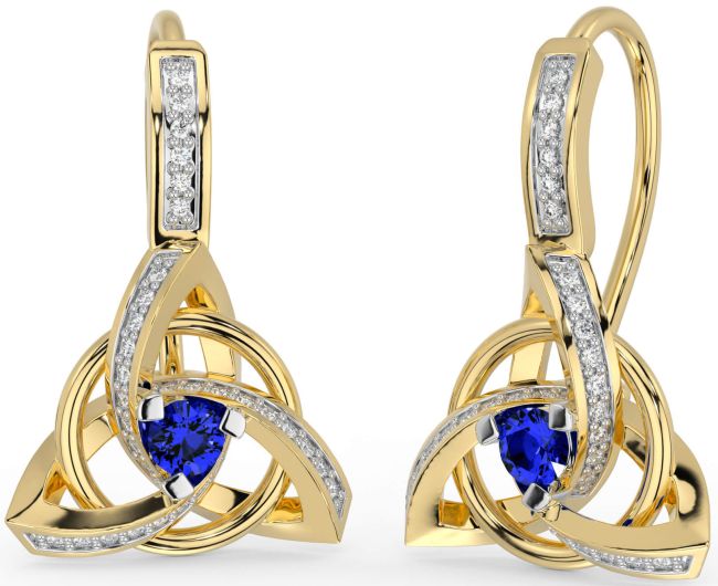 Diamond Sapphire Gold Celtic Trinity Knot Dangle Earrings