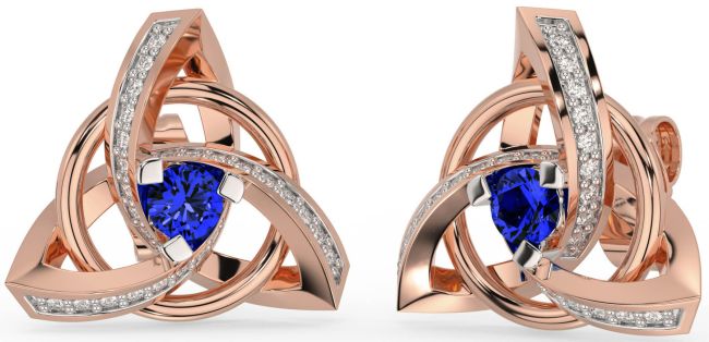 Diamond Sapphire Rose Gold Silver Celtic Trinity Knot Stud Earrings