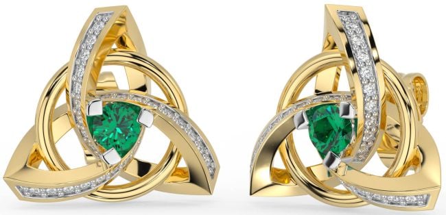 Diamond Emerald Gold Silver Celtic Trinity Knot Stud Earrings