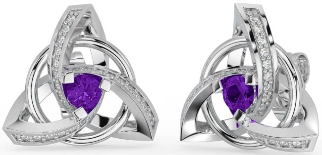 Diamond Amethyst Silver Celtic Trinity Knot Stud Earrings