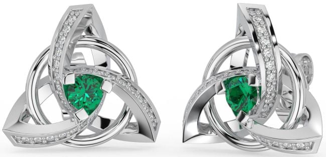 Diamond Emerald Silver Celtic Trinity Knot Stud Earrings