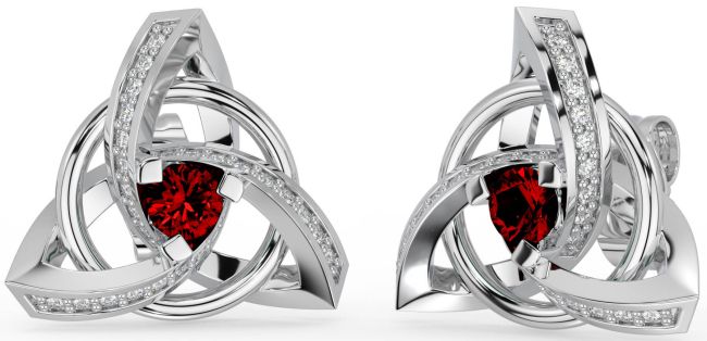 Diamond Garnet Silver Celtic Trinity Knot Stud Earrings