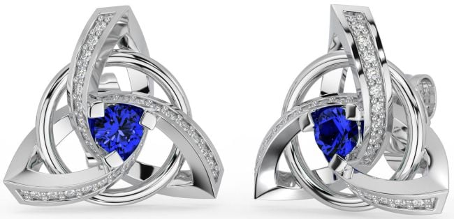 Diamond Sapphire Silver Celtic Trinity Knot Stud Earrings