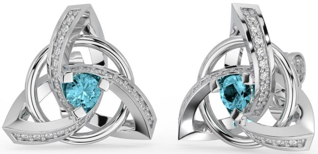 Diamond Aquamarine White Gold Celtic Trinity Knot Stud Earrings