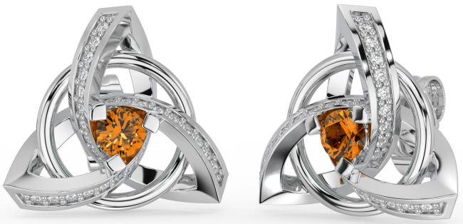 Diamond Citrine White Gold Celtic Trinity Knot Stud Earrings