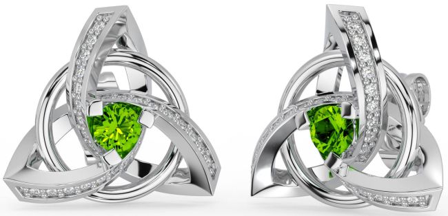 Diamond Peridot White Gold Celtic Trinity Knot Stud Earrings