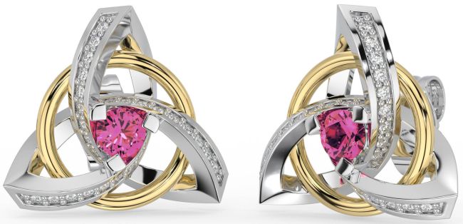 Diamond Pink Tourmaline White Yellow Gold Celtic Trinity Knot Stud Earrings