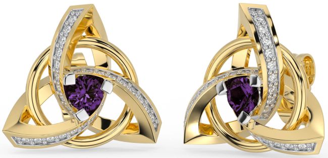 Diamond Alexandrite Gold Celtic Trinity Knot Stud Earrings