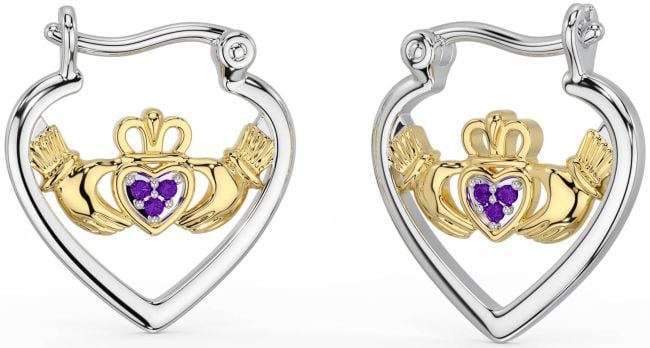 Amethyst Gold Silver Claddagh Hoop Earrings