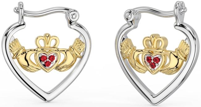 Ruby Gold Silver Claddagh Hoop Earrings