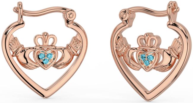 Aquamarine Rose Gold Silver Claddagh Hoop Earrings