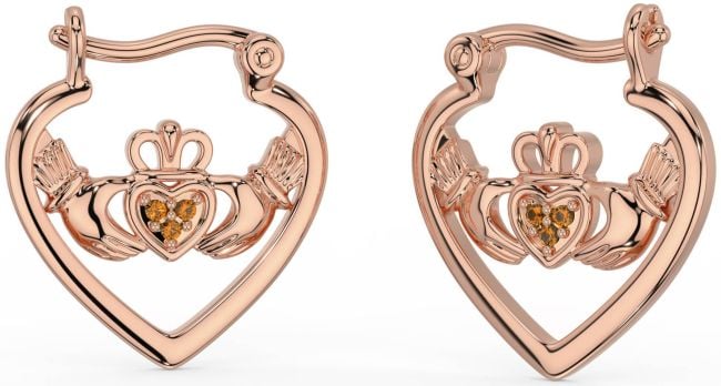 Citrine Rose Gold Silver Claddagh Hoop Earrings